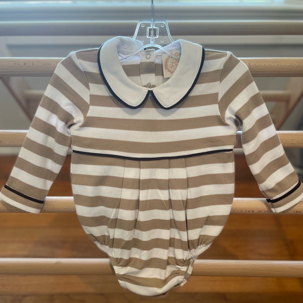 Beaufort Bonnet boys bubble. Tan & White striped bubble. Size 12/18 month